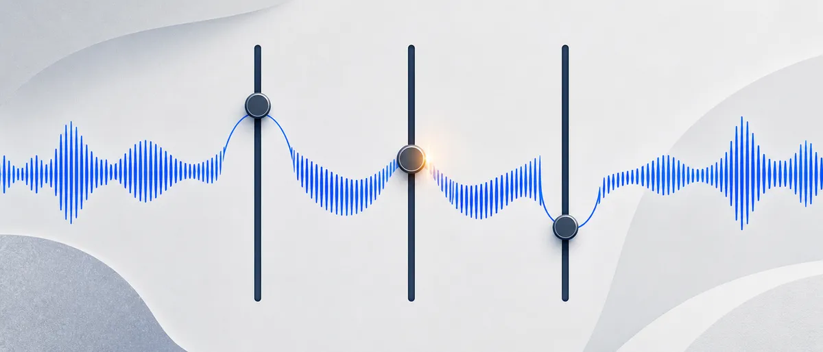 Ilustración editorial abstracta: una onda de sonido atravesada por tres controles deslizantes, en azul cobalto sobre fondo neutro frío, con un destello ámbar.