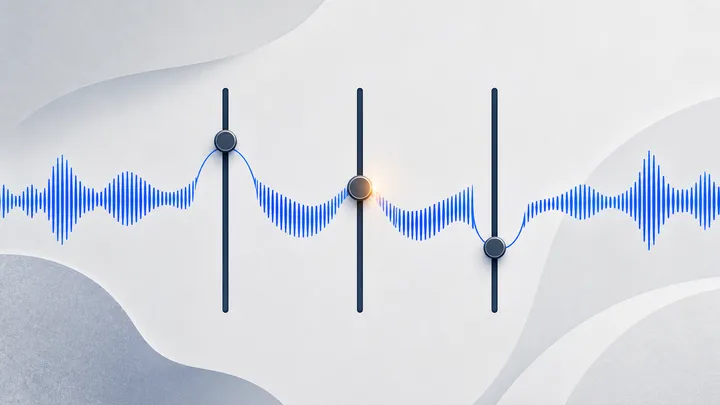 Ilustración editorial abstracta: una onda de sonido atravesada por tres controles deslizantes, en azul cobalto sobre fondo neutro frío, con un destello ámbar.
