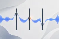 Ilustración editorial abstracta: una onda de sonido atravesada por tres controles deslizantes, en azul cobalto sobre fondo neutro frío, con un destello ámbar.
