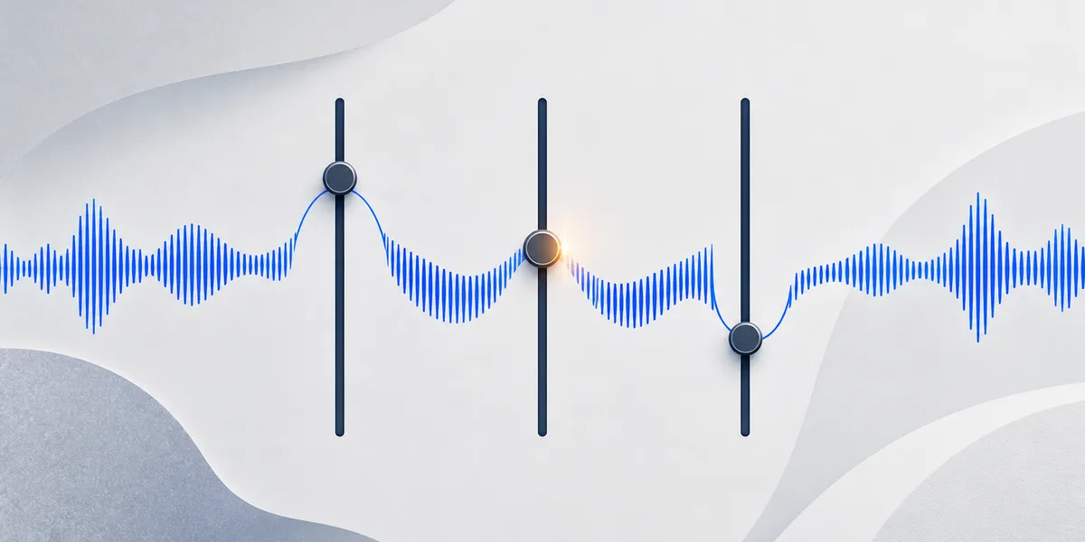 Ilustración editorial abstracta: una onda de sonido atravesada por tres controles deslizantes, en azul cobalto sobre fondo neutro frío, con un destello ámbar.