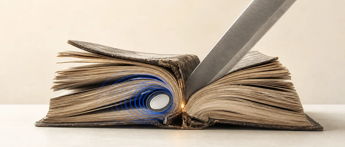 Un libro antiguo abierto con un AirTag emitiendo ondas de ubicación justo en el punto donde una cuchilla corta el lomo