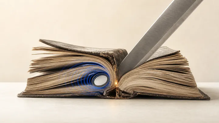 Un libro antiguo abierto con un AirTag emitiendo ondas de ubicación justo en el punto donde una cuchilla corta el lomo