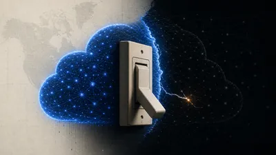 Una palanca de interruptor cortando una red neuronal luminosa de cobalto que se apaga, con una última chispa ámbar, sobre un fondo de líneas de frontera