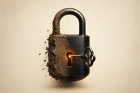 Una llave autónoma que forja un candado oxidado débil convirtiéndolo en uno brillante y resistente, con un destello ámbar en el ojo de la cerradura