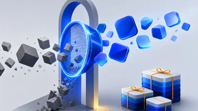Un embudo filtrante cobalto separa íconos de apps pulidos de bloques que se desmoronan, con un paquete atado por una cinta ámbar al lado