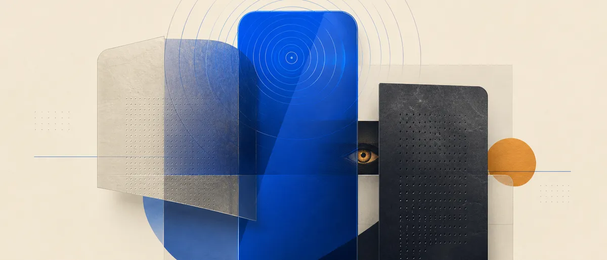 Ilustración editorial de una silueta de teléfono atravesada por una onda de alerta, con paneles superpuestos que se abren para revelar un ojo vigilante oculto en el patrón, en tonos cobalto y una chispa ámbar