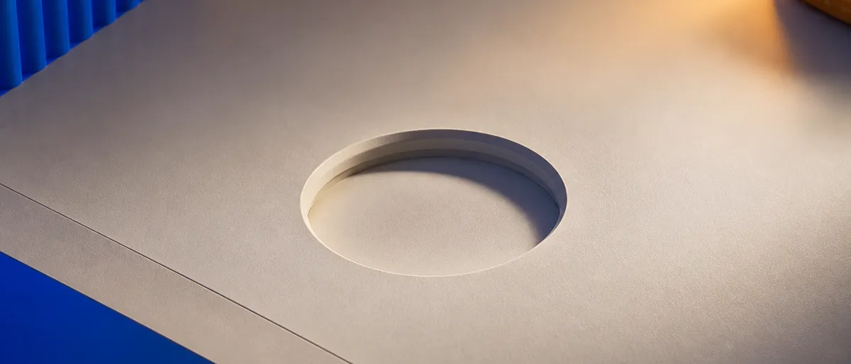 Un hueco circular vacío labrado en una superficie de escritorio, esperando un objeto redondo que no está, con un plano cobalto al fondo y una luz ámbar al costado.