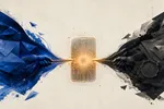 Dos manos, una en azul cobalto y otra en grafito, tiran de un dispositivo de circuitos luminoso en el centro; a un lado, un sello de lacre.