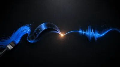 Un trazo de pincel, una cinta de línea de tiempo y una onda de sonido en cobalto que fluyen y se funden en una sola curva, con un destello ámbar en el punto de encuentro.