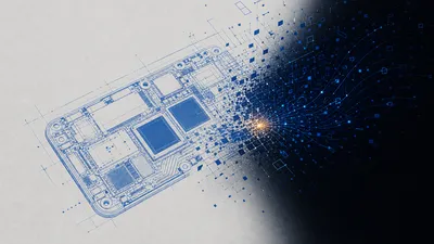 Esquema técnico de una placa lógica de iPhone que se deshace en fragmentos de datos que se pierden en la oscuridad, metáfora de la filtración