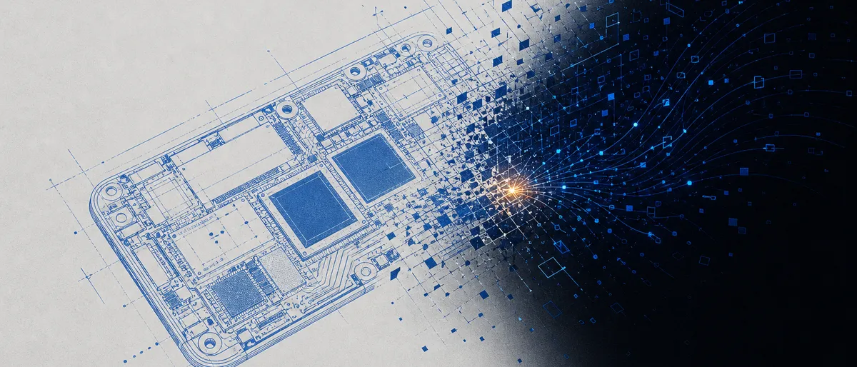 Esquema técnico de una placa lógica de iPhone que se deshace en fragmentos de datos que se pierden en la oscuridad, metáfora de la filtración