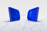 Dos chips de silicio que se acercan separados por una línea punteada incierta, sobre fondo azul cobalto con una chispa ámbar.