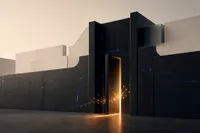 Un muro oscuro con trazas de circuito en cobalto y una única puerta de luz ámbar que se abre; una chispa de nodos de IA cruza el umbral.