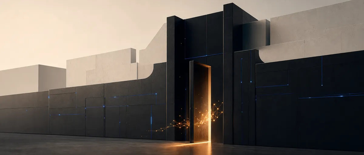 Un muro oscuro con trazas de circuito en cobalto y una única puerta de luz ámbar que se abre; una chispa de nodos de IA cruza el umbral.