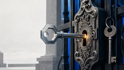 Una llave metálica recién forjada entrando en la cerradura de un portón ornamentado, con una segunda llave prestada colgando sin uso a un costado