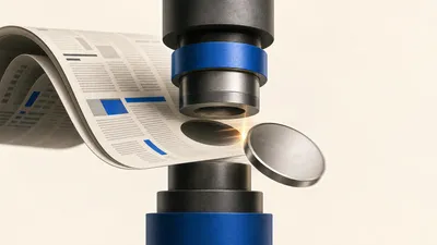 Una prensa industrial cobalto troquelando una moneda de metal a partir de una hoja de papel de periódico