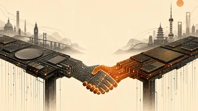 Dos cadenas de módulos de memoria RAM, una en tono oscuro y otra en tono ámbar, extendiéndose una hacia la otra hasta casi tocarse, metáfora de la negociación geopolítica por chips.