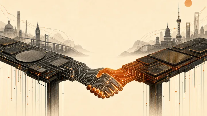 Dos cadenas de módulos de memoria RAM, una en tono oscuro y otra en tono ámbar, extendiéndose una hacia la otra hasta casi tocarse, metáfora de la negociación geopolítica por chips.