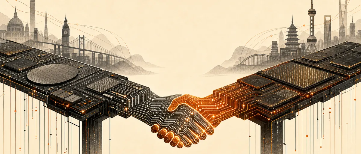 Dos cadenas de módulos de memoria RAM, una en tono oscuro y otra en tono ámbar, extendiéndose una hacia la otra hasta casi tocarse, metáfora de la negociación geopolítica por chips.