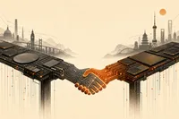 Dos cadenas de módulos de memoria RAM, una en tono oscuro y otra en tono ámbar, extendiéndose una hacia la otra hasta casi tocarse, metáfora de la negociación geopolítica por chips.