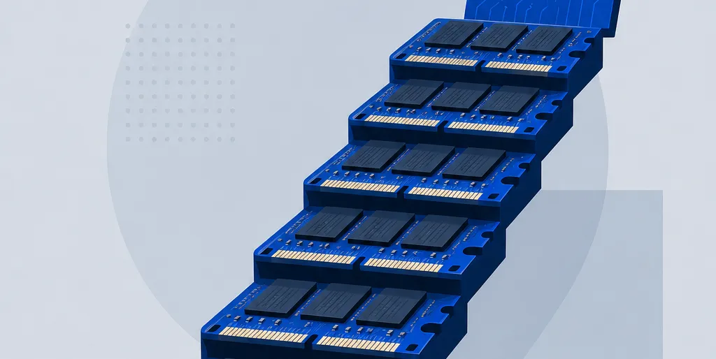 Una escalera ascendente hecha de módulos de memoria con una etiqueta de precio arriba, en tonos cobalto y un destello ámbar.