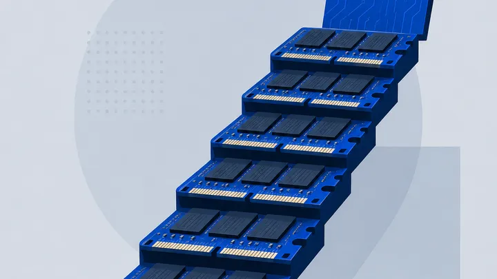 Una escalera ascendente hecha de módulos de memoria con una etiqueta de precio arriba, en tonos cobalto y un destello ámbar.