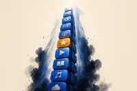 Columna ascendente de íconos de suscripción en azul cobalto que sube como una flecha; una sola pieza brilla en ámbar, la que no subió.