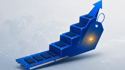 Un módulo de memoria RAM que asciende como una escalera en forma de flecha, con una etiqueta de precio, sobre fondo azul cobalto.