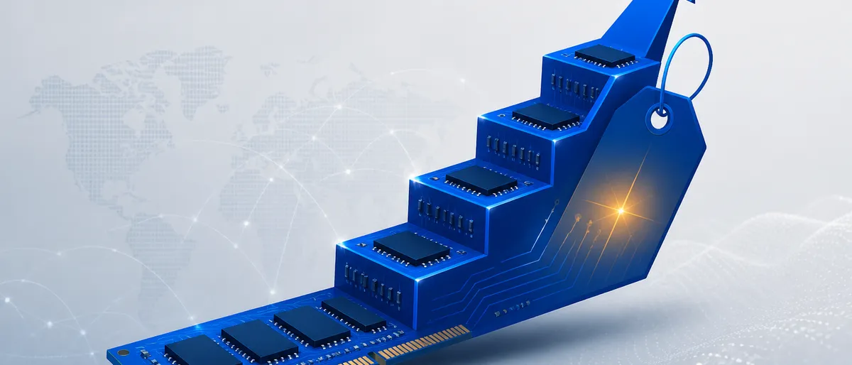 Un módulo de memoria RAM que asciende como una escalera en forma de flecha, con una etiqueta de precio, sobre fondo azul cobalto.