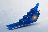 Un módulo de memoria RAM que asciende como una escalera en forma de flecha, con una etiqueta de precio, sobre fondo azul cobalto.