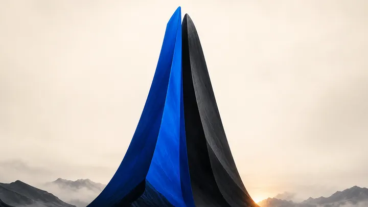 Dos cumbres gemelas casi a la misma altura, una en azul cobalto y otra en grafito, con un destello cálido de sol en el horizonte.