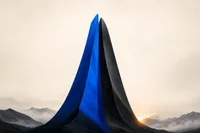 Dos cumbres gemelas casi a la misma altura, una en azul cobalto y otra en grafito, con un destello cálido de sol en el horizonte.
