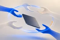 Una placa rectangular oscura pasa de mano en mano dentro de un anillo cobalto en movimiento continuo, con un destello ámbar al costado; ilustración editorial abstracta sin texto ni logotipos.