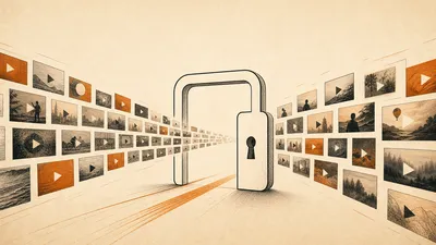 Un candado abierto sin arco real ante una cuadrícula de fotogramas de video que fluyen libremente hacia él, metáfora de contenido público sin barrera técnica.