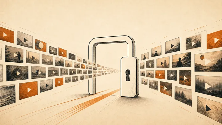 Un candado abierto sin arco real ante una cuadrícula de fotogramas de video que fluyen libremente hacia él, metáfora de contenido público sin barrera técnica.