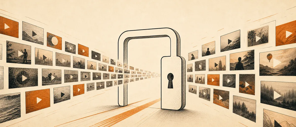 Un candado abierto sin arco real ante una cuadrícula de fotogramas de video que fluyen libremente hacia él, metáfora de contenido público sin barrera técnica.