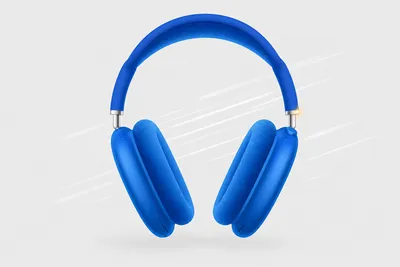 Ilustración de unos auriculares over-ear premium en azul cobalto flotando, con líneas de movimiento que sugieren una rebaja.