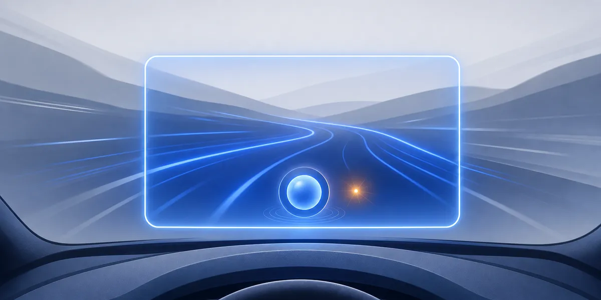 Una pantalla horizontal de tablero de auto iluminada en cobalto sobre un salpicadero estilizado, con una carretera que se aleja y un orbe brillante con chispa ámbar en el centro inferior.