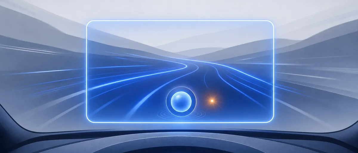 Una pantalla horizontal de tablero de auto iluminada en cobalto sobre un salpicadero estilizado, con una carretera que se aleja y un orbe brillante con chispa ámbar en el centro inferior.