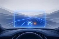 Una pantalla horizontal de tablero de auto iluminada en cobalto sobre un salpicadero estilizado, con una carretera que se aleja y un orbe brillante con chispa ámbar en el centro inferior.