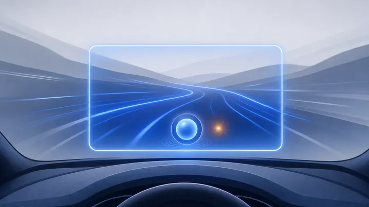 Una pantalla horizontal de tablero de auto iluminada en cobalto sobre un salpicadero estilizado, con una carretera que se aleja y un orbe brillante con chispa ámbar en el centro inferior.