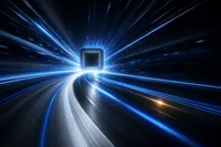 Estelas de luz cobalto acelerando hacia un chip iluminado, metáfora de velocidad del navegador sobre Apple Silicon.