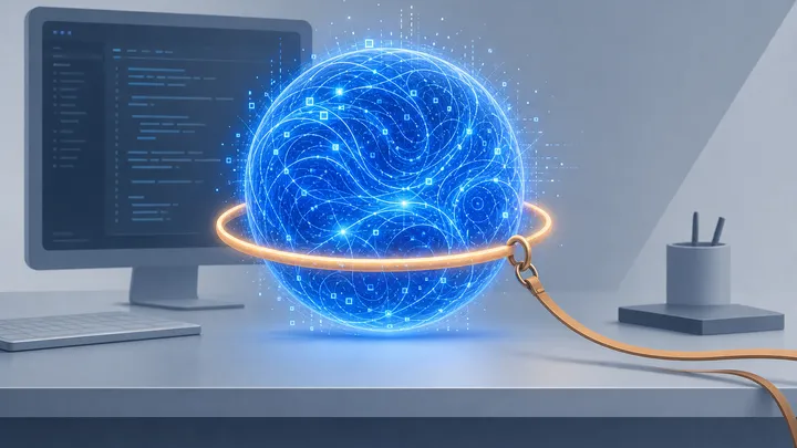 Un orbe luminoso de código cobalto contenido por un anillo de seguridad ámbar sobre un escritorio de Mac minimalista