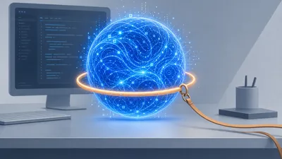 Un orbe luminoso de código cobalto contenido por un anillo de seguridad ámbar sobre un escritorio de Mac minimalista