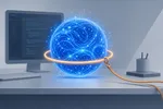 Un orbe luminoso de código cobalto contenido por un anillo de seguridad ámbar sobre un escritorio de Mac minimalista