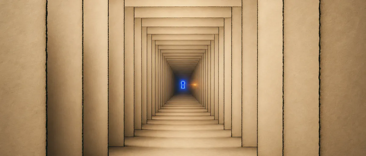 Un túnel infinito formado por cientos de paneles vacíos idénticos con contorno cobalto, que converge en una única cerradura ámbar iluminada en el centro.