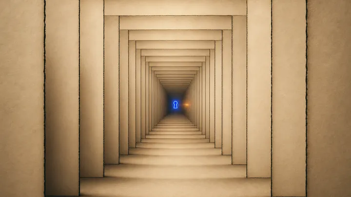 Un túnel infinito formado por cientos de paneles vacíos idénticos con contorno cobalto, que converge en una única cerradura ámbar iluminada en el centro.