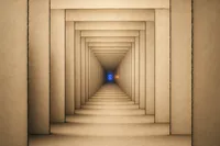 Un túnel infinito formado por cientos de paneles vacíos idénticos con contorno cobalto, que converge en una única cerradura ámbar iluminada en el centro.