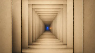 Un túnel infinito formado por cientos de paneles vacíos idénticos con contorno cobalto, que converge en una única cerradura ámbar iluminada en el centro.