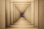 Un túnel infinito formado por cientos de paneles vacíos idénticos con contorno cobalto, que converge en una única cerradura ámbar iluminada en el centro.